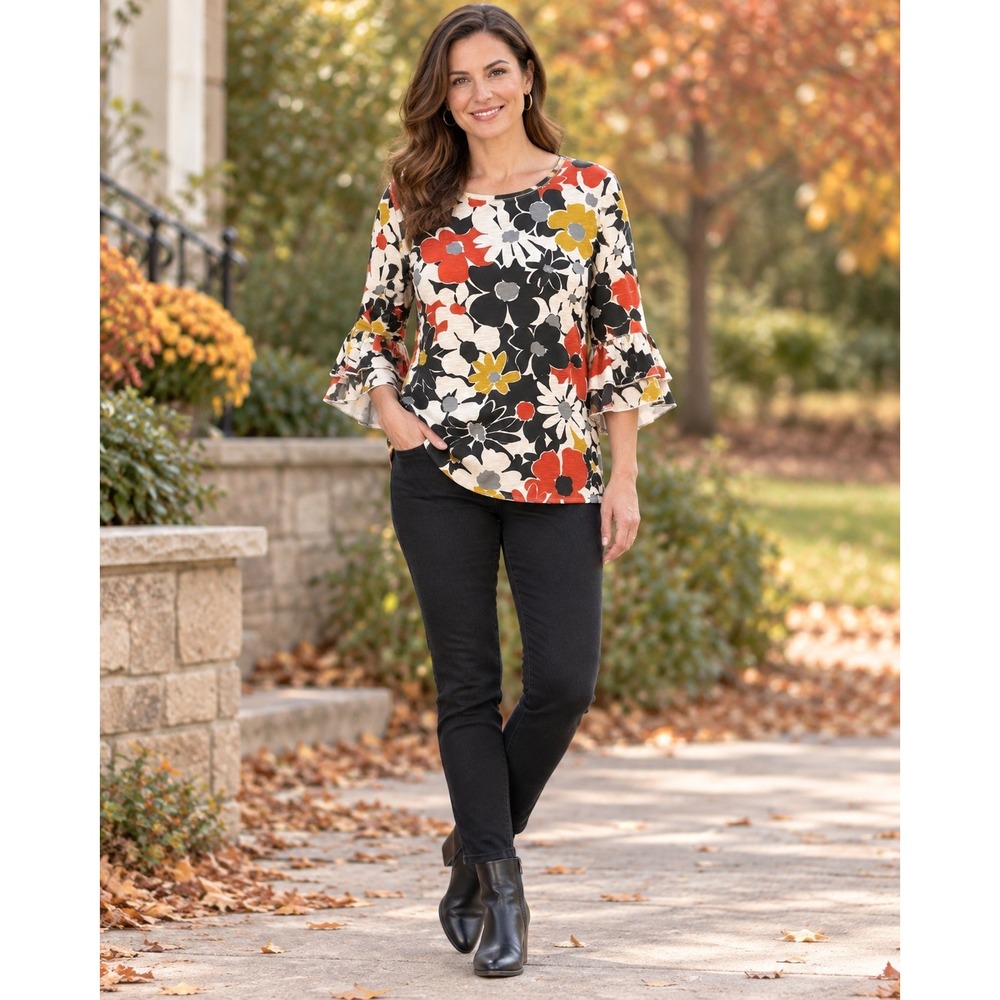 Multiples Womens Floral Side Knot Tiered Ruffle Bell Sleeve Top Orange Black S